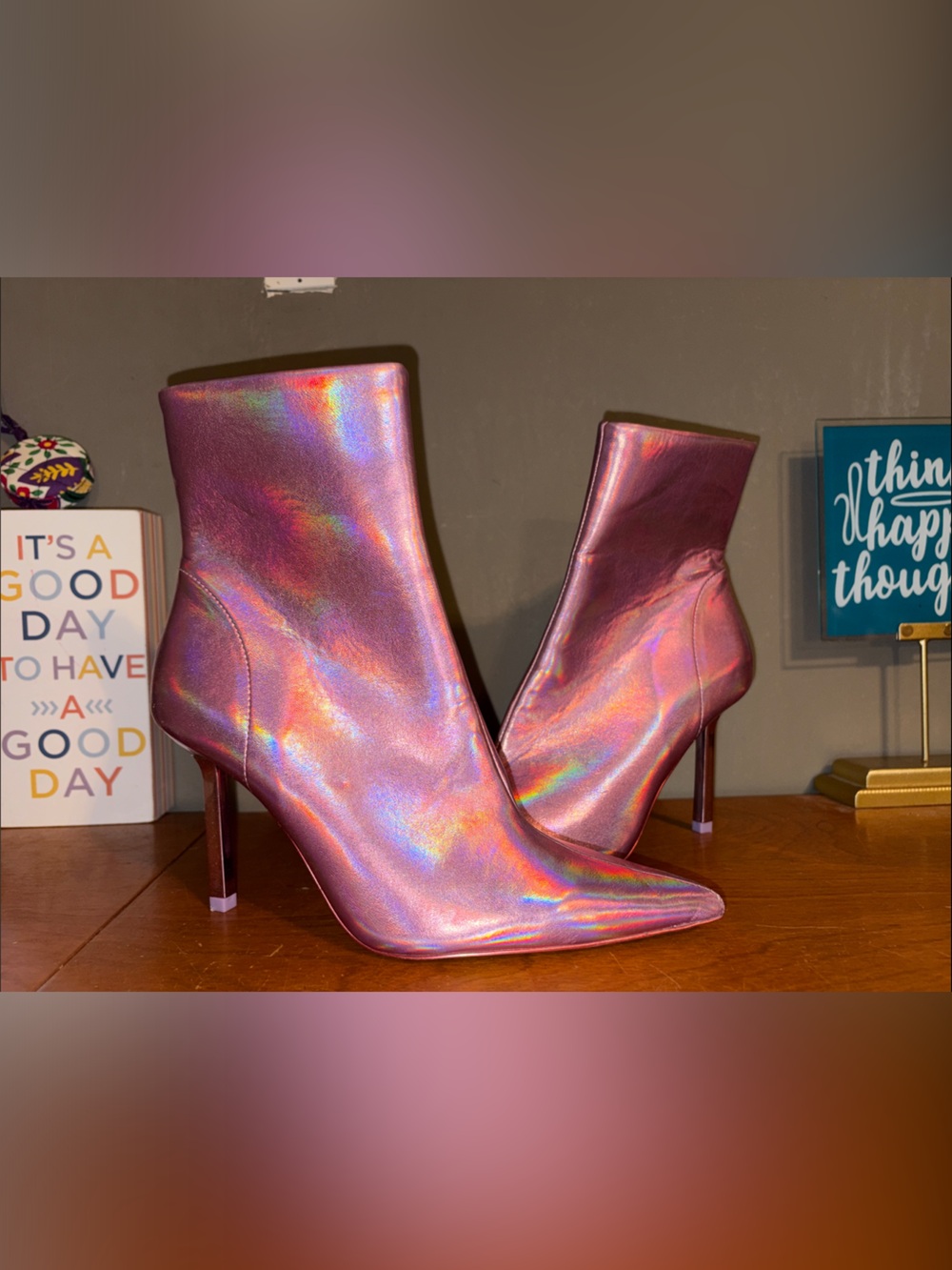 Iridescent Pink Pointed-Toe Stiletto Ankle Boots